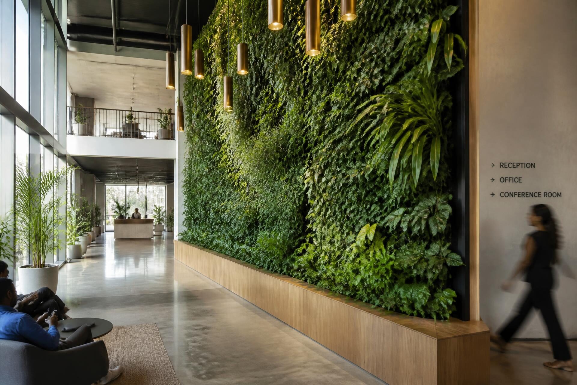 Living green wall in a modern corporate lobby designed by Budscapes